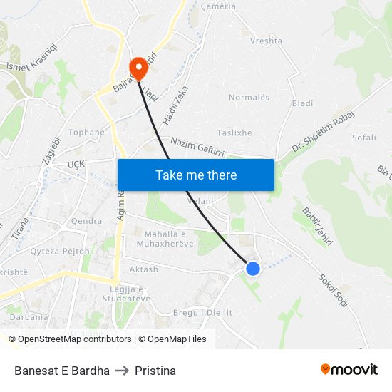 Banesat E Bardha to Pristina map