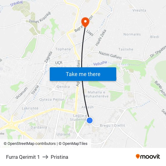 Furra Qerimit 1 to Pristina map