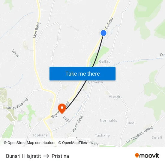 Bunari I Hajratit to Pristina map