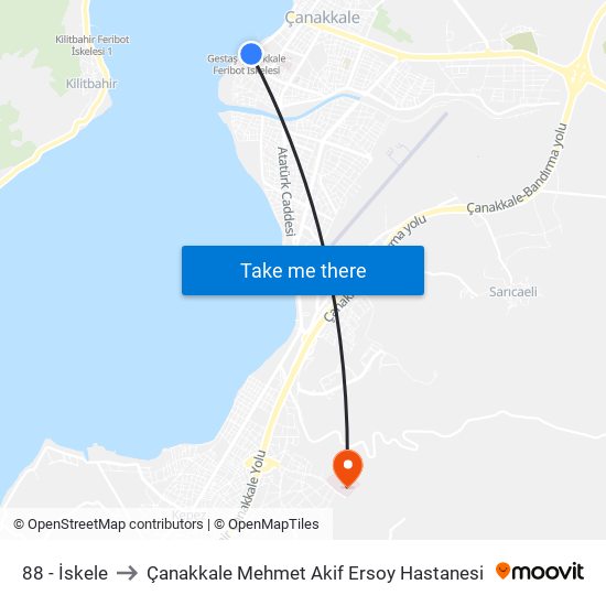 88 - İskele to Çanakkale Mehmet Akif Ersoy Hastanesi map