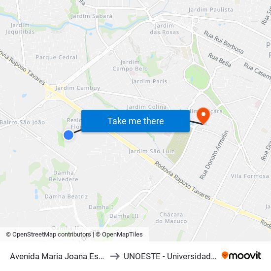 Avenida Maria Joana Escudeiro Ramos, 342 to UNOESTE - Universidade do Oeste Paulista map