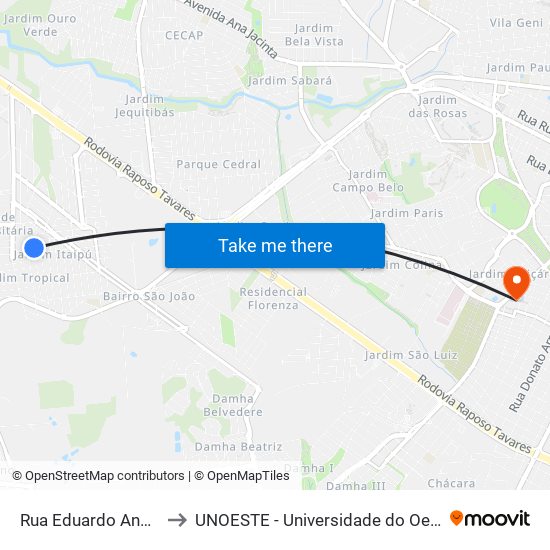Rua Eduardo Andreasi, 2 to UNOESTE - Universidade do Oeste Paulista map