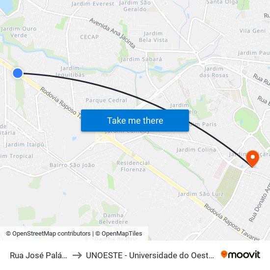 Rua José Palácio, 1 to UNOESTE - Universidade do Oeste Paulista map