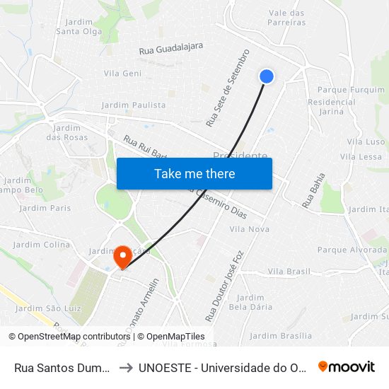 Rua Santos Dumont, 227 to UNOESTE - Universidade do Oeste Paulista map