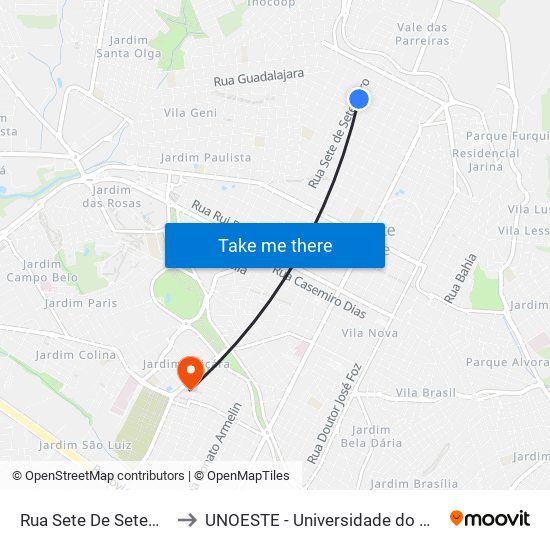 Rua Sete De Setembro, 407 to UNOESTE - Universidade do Oeste Paulista map