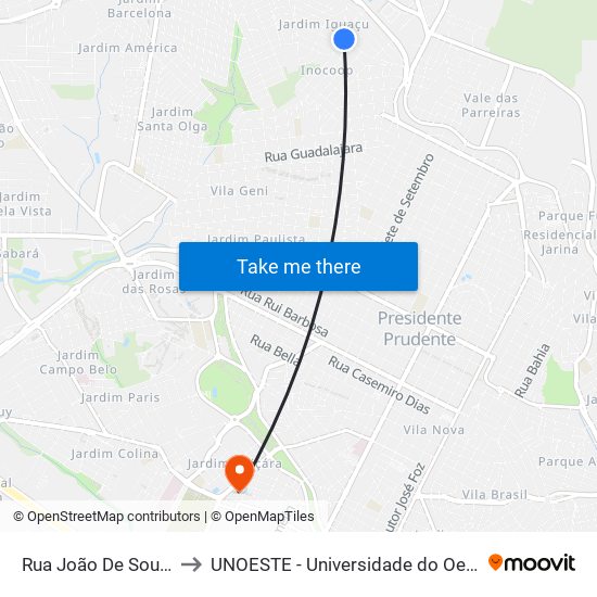 Rua João De Souza, 123 to UNOESTE - Universidade do Oeste Paulista map