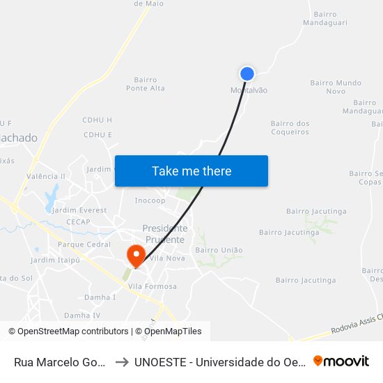 Rua Marcelo Gomes, 51 to UNOESTE - Universidade do Oeste Paulista map