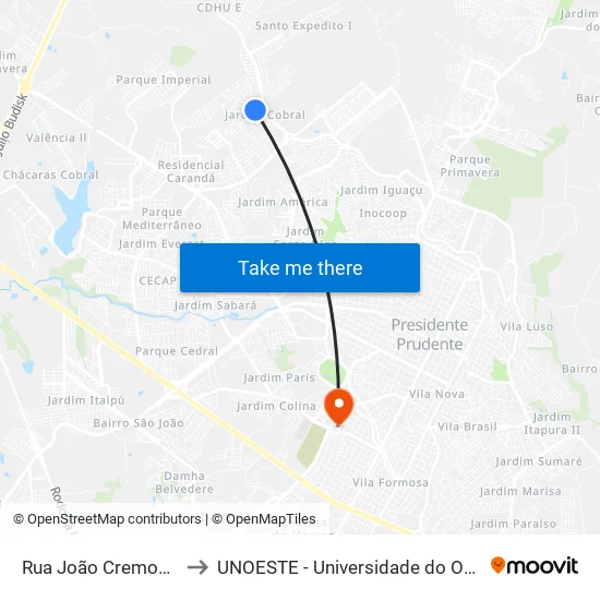 Rua João Cremonezi, 357 to UNOESTE - Universidade do Oeste Paulista map