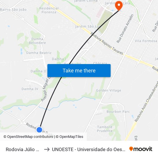 Rodovia Júlio Budisk to UNOESTE - Universidade do Oeste Paulista map