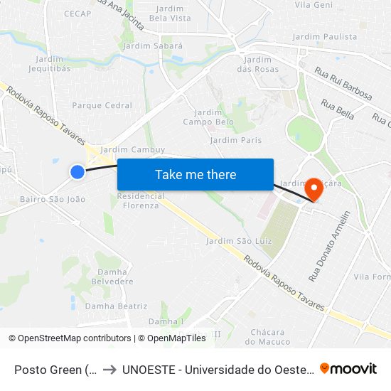 Posto Green (C/B) to UNOESTE - Universidade do Oeste Paulista map