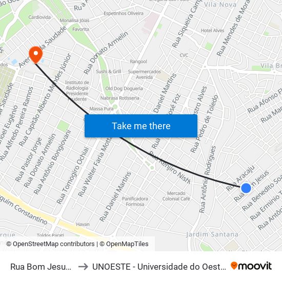 Rua Bom Jesus, 225 to UNOESTE - Universidade do Oeste Paulista map