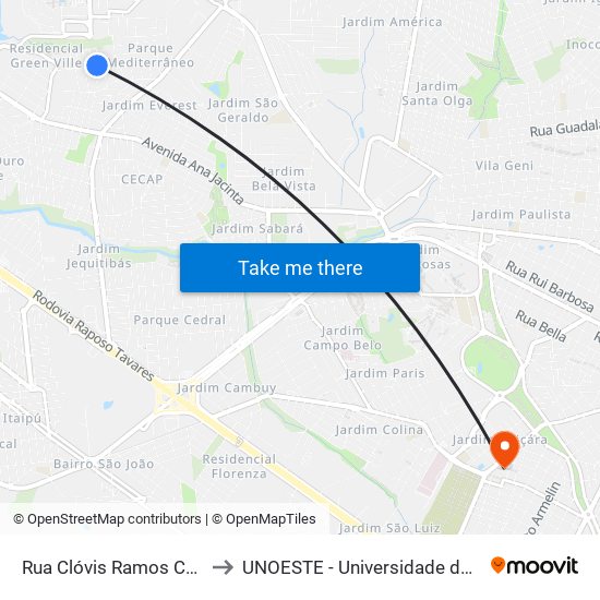 Rua Clóvis Ramos Camargo, 514 to UNOESTE - Universidade do Oeste Paulista map