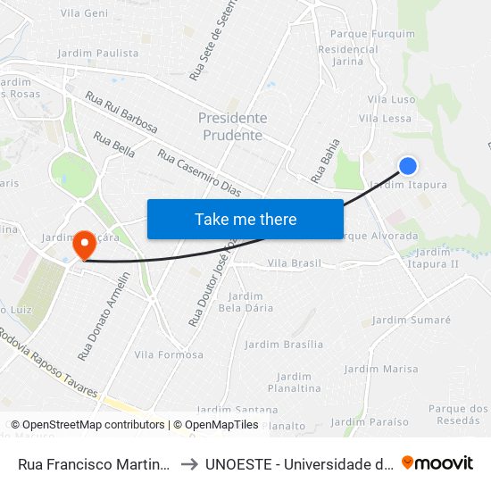 Rua Francisco Martinês García, 101 to UNOESTE - Universidade do Oeste Paulista map