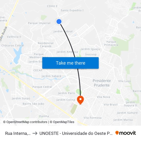 Rua Interna, 31 to UNOESTE - Universidade do Oeste Paulista map