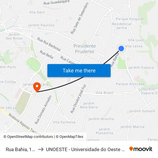 Rua Bahia, 1054 to UNOESTE - Universidade do Oeste Paulista map