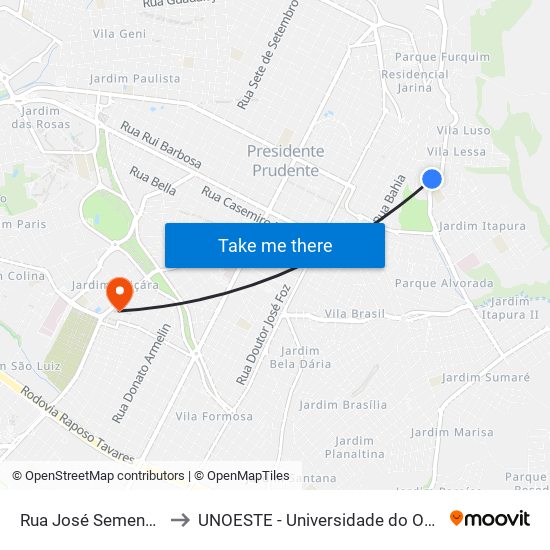 Rua José Semensati, 310 to UNOESTE - Universidade do Oeste Paulista map