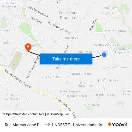 Rua Mateus José Da Silva, 222 to UNOESTE - Universidade do Oeste Paulista map
