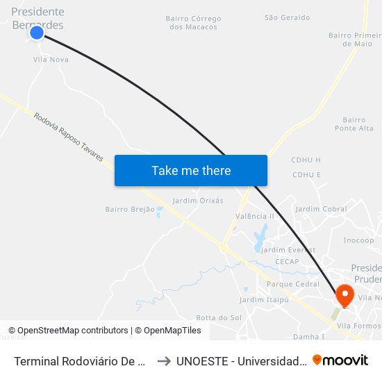 Terminal Rodoviário De Presidente Bernardes to UNOESTE - Universidade do Oeste Paulista map