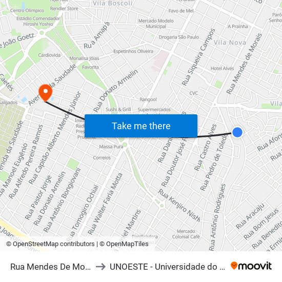 Rua Mendes De Moraes, 1191 to UNOESTE - Universidade do Oeste Paulista map