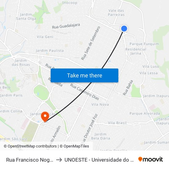 Rua Francisco Nogueira, 161 to UNOESTE - Universidade do Oeste Paulista map