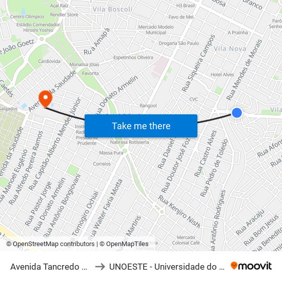 Avenida Tancredo Neves, 116 to UNOESTE - Universidade do Oeste Paulista map