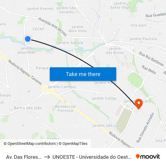 Av. Das Flores, 278 to UNOESTE - Universidade do Oeste Paulista map