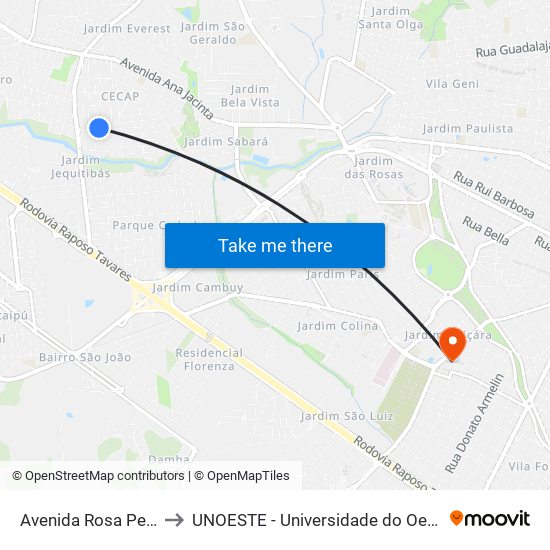 Avenida Rosa Pereti, 19 to UNOESTE - Universidade do Oeste Paulista map