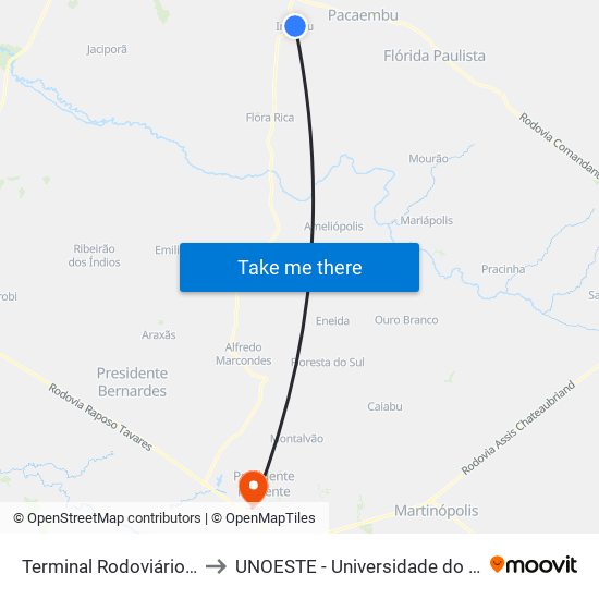 Terminal Rodoviário De Irapuru to UNOESTE - Universidade do Oeste Paulista map