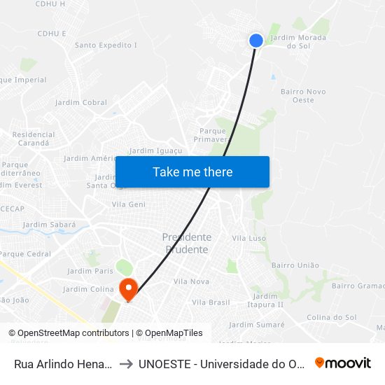 Rua Arlindo Henares, 106 to UNOESTE - Universidade do Oeste Paulista map
