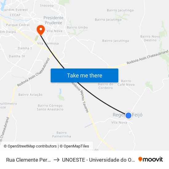 Rua Clemente Pereira, 406 to UNOESTE - Universidade do Oeste Paulista map