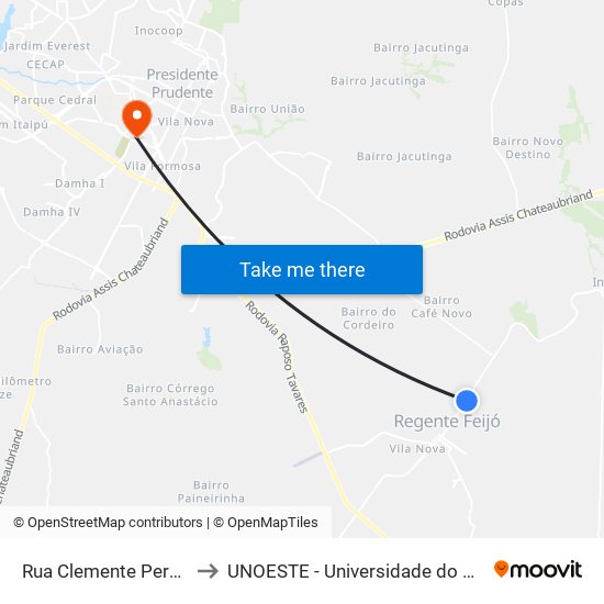 Rua Clemente Pereira, 1271 to UNOESTE - Universidade do Oeste Paulista map