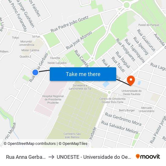 Rua Anna Gerbasi, 215 to UNOESTE - Universidade do Oeste Paulista map