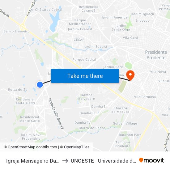 Igreja Mensageiro Das Boas Novas to UNOESTE - Universidade do Oeste Paulista map