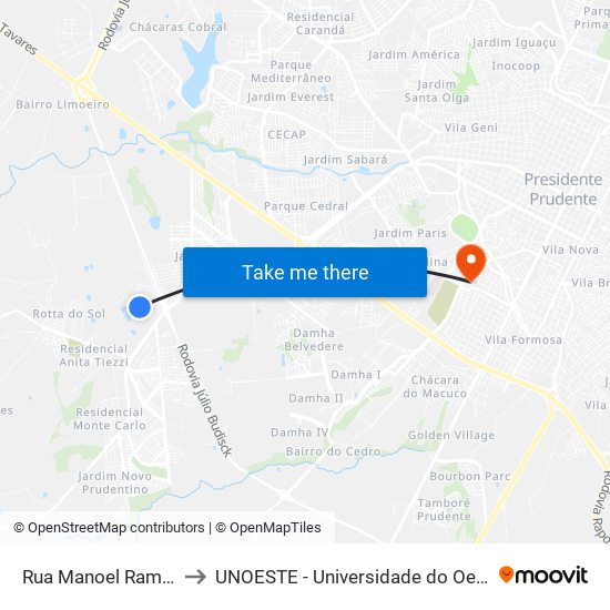 Rua Manoel Ramos, 350 to UNOESTE - Universidade do Oeste Paulista map
