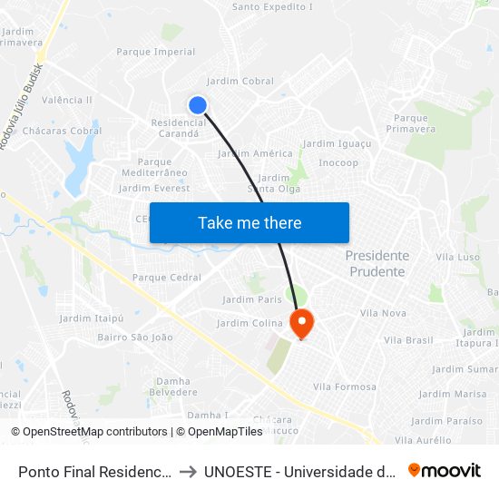 Ponto Final Residencial São Paulo to UNOESTE - Universidade do Oeste Paulista map