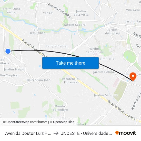 Avenida Doutor Luiz F P De Barros, 85 to UNOESTE - Universidade do Oeste Paulista map