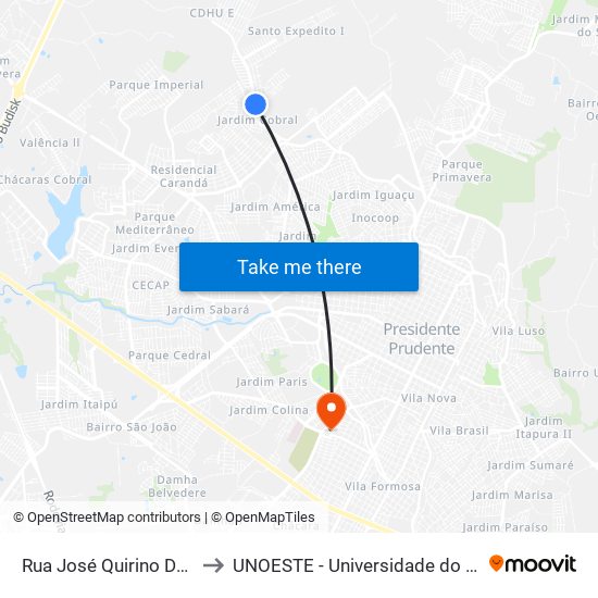 Rua José Quirino Da Silva, 172 to UNOESTE - Universidade do Oeste Paulista map