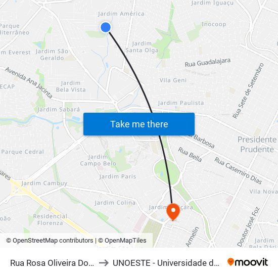 Rua Rosa Oliveira Dos Anjos, 270 to UNOESTE - Universidade do Oeste Paulista map