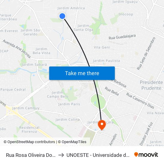 Rua Rosa Oliveira Dos Anjos, 271 to UNOESTE - Universidade do Oeste Paulista map