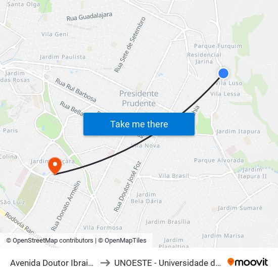 Avenida Doutor Ibraim Nobre, 971 to UNOESTE - Universidade do Oeste Paulista map