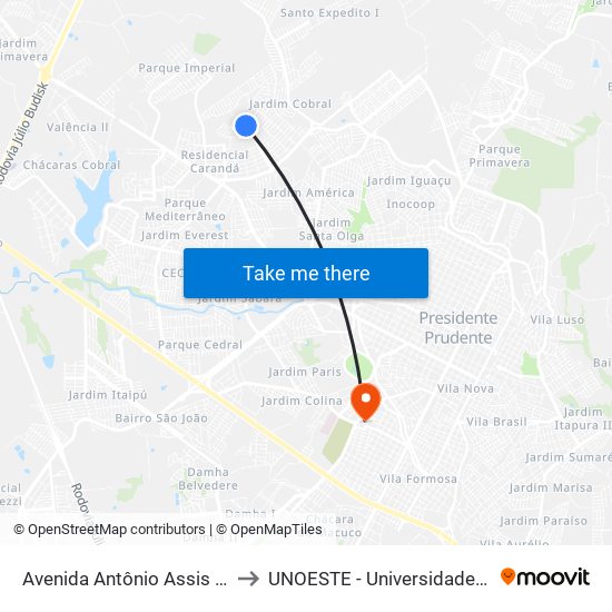 Avenida Antônio Assis De Carvalho, 853 to UNOESTE - Universidade do Oeste Paulista map