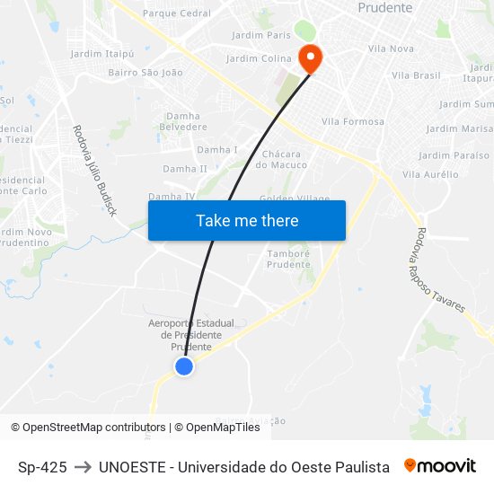 Sp-425 to UNOESTE - Universidade do Oeste Paulista map
