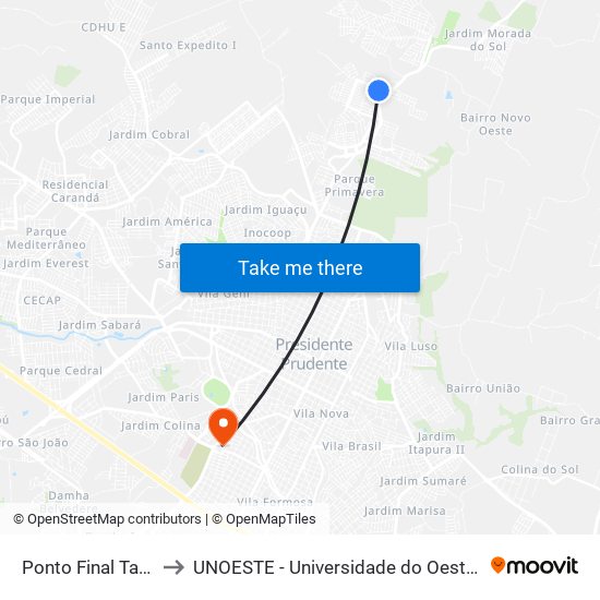 Ponto Final Tapajós to UNOESTE - Universidade do Oeste Paulista map