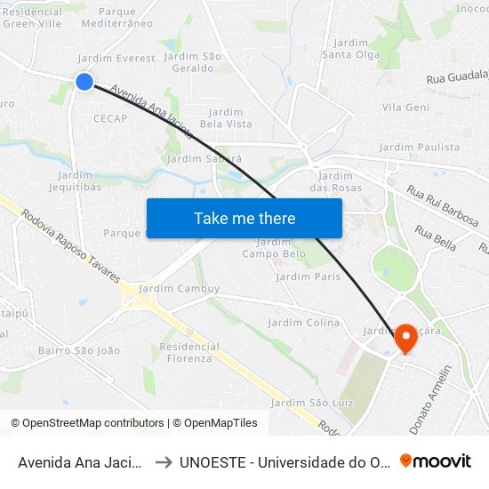 Avenida Ana Jacinta, 2316 to UNOESTE - Universidade do Oeste Paulista map