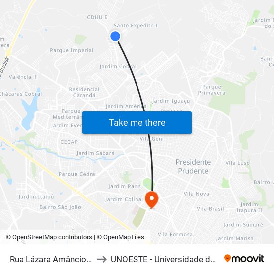 Rua Lázara Amâncio Bocchi, 444 to UNOESTE - Universidade do Oeste Paulista map