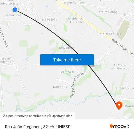 Rua João Fregonesi, 82 to UNIESP map