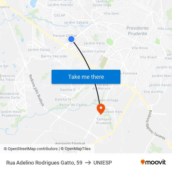 Rua Adelino Rodrigues Gatto, 59 to UNIESP map