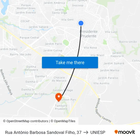 Rua Antônio Barbosa Sandoval Filho, 37 to UNIESP map