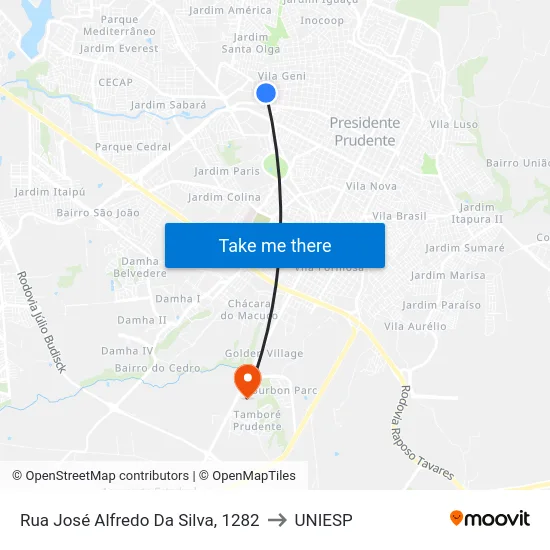 Rua José Alfredo Da Silva, 1282 to UNIESP map