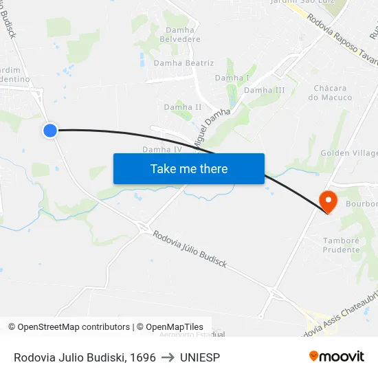 Rodovia Julio Budiski, 1696 to UNIESP map